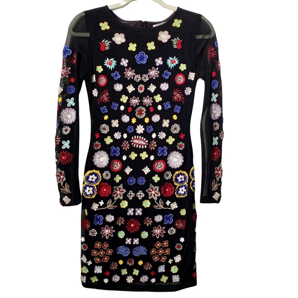 Aqua Capsule Embroidered Floral Mesh Mini Dress Sheer Sleeve Size M - Picture 1 of 16